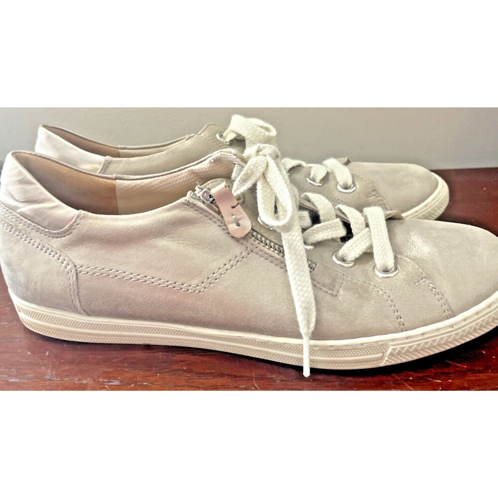 Paul Green Metallic Leather Sneakers Women 9 Taupe Champagne Comfort Shoes - Picture 2 of 9